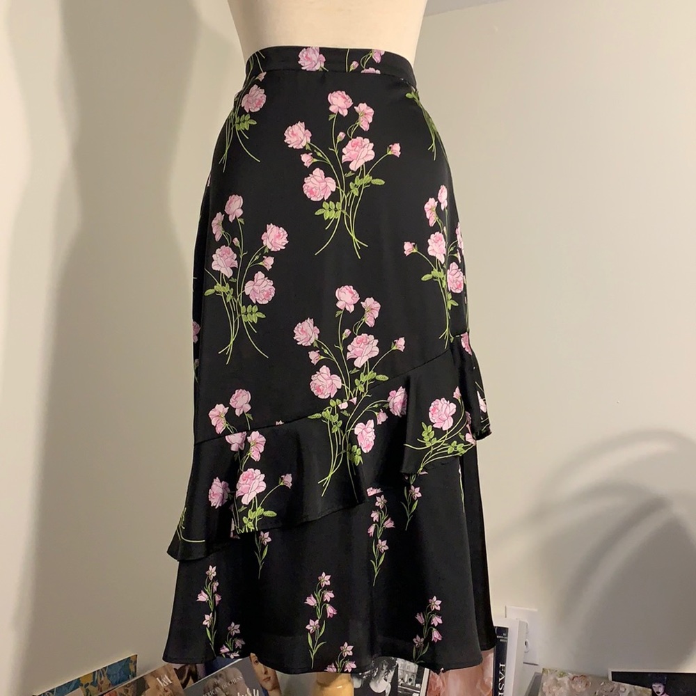 Black Satin Floral Print Skirt with Ruffle